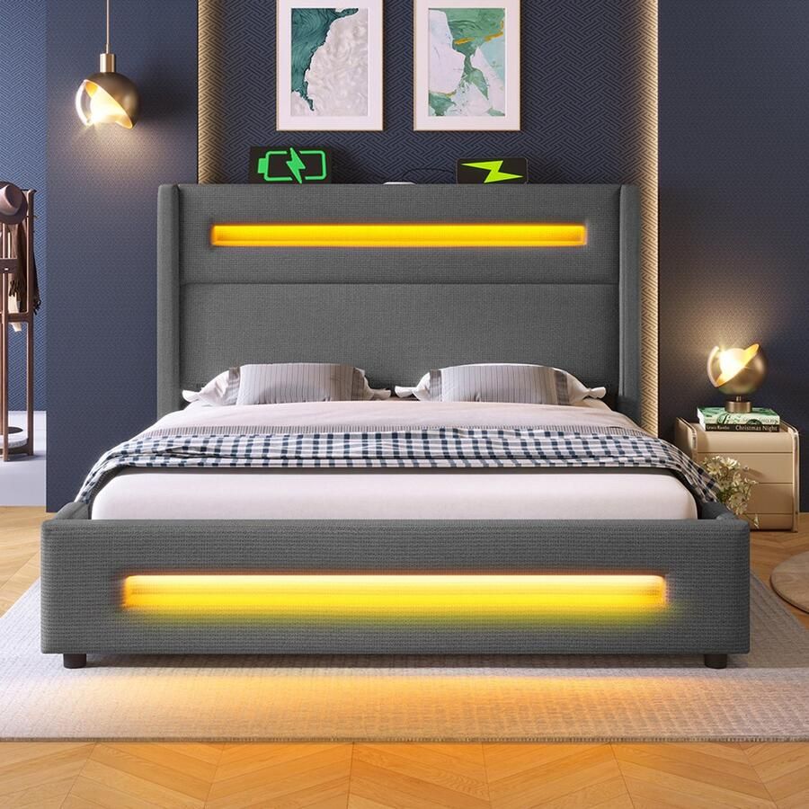 Pugsdrly Gestoffeerd tweepersoonsbed 160x200 cm tienerbed met ledverlichting bed met hydraulische opbergruimte en USB-oplader type C metalen bedframe met houten latten grijs linnen inclusief matras