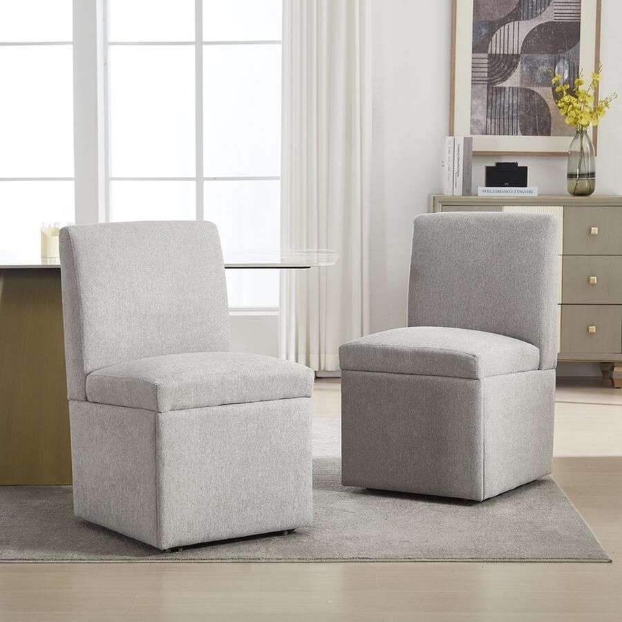 BLACKCOLORS Gestoffeerde eetkamerstoelen set van 2 Draaibare eetkamerstoelen Keukenstoelen Wieltjes en opbergruimte Moderne en comfortabele rolstoel Wit voor de woonkamer Stoel zonder armleuningen van stof (lichtgrijs linnen)