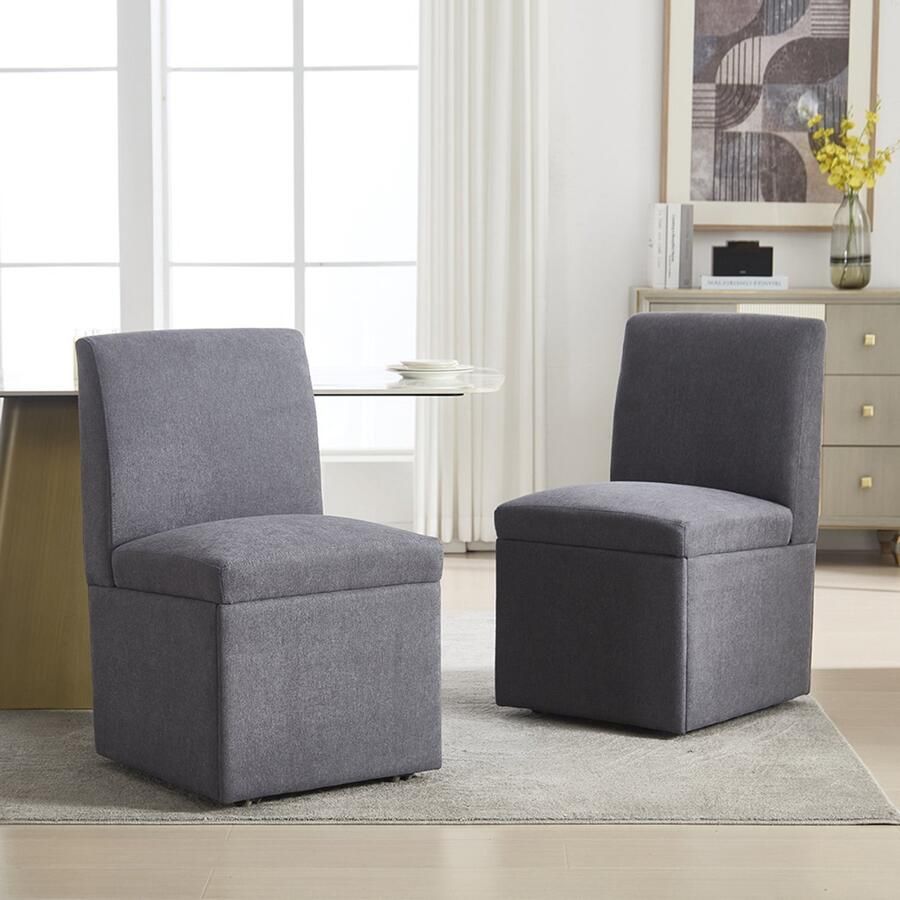 BLACKCOLORS Gestoffeerde eetkamerstoelen set van 2 Draaibare eetkamerstoelen Keukenstoelen Wieltjes en opbergruimte Moderne en comfortabele rolstoel Wit voor de woonkamer Stoel zonder armleuningen van stof (donkergrijs linnen)