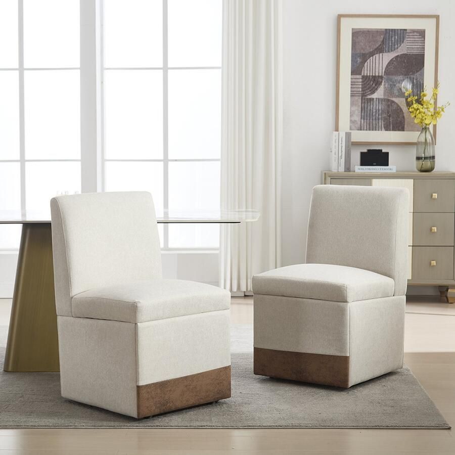 BLACKCOLORS Gestoffeerde eetkamerstoelen set van 2 Draaibare eetkamerstoelen Keukenstoelen Wieltjes en opbergruimte Moderne en comfortabele rolstoel Wit voor de woonkamer Stoel zonder armleuningen van stof (beige linnen)