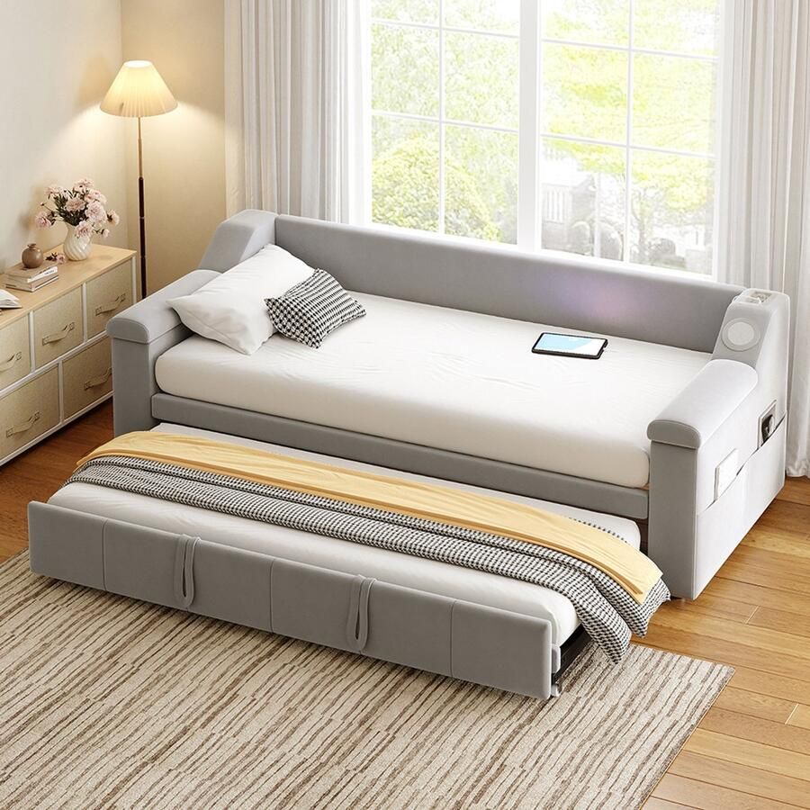 KOMHTOM Gestoffeerde slaapbank 90 180*190 cm brede en dikke armleuningen met slim Bluetooth-stereosysteem en USB-poort met opbergvakken met lattenbodem fluweelstof lichtgrijs