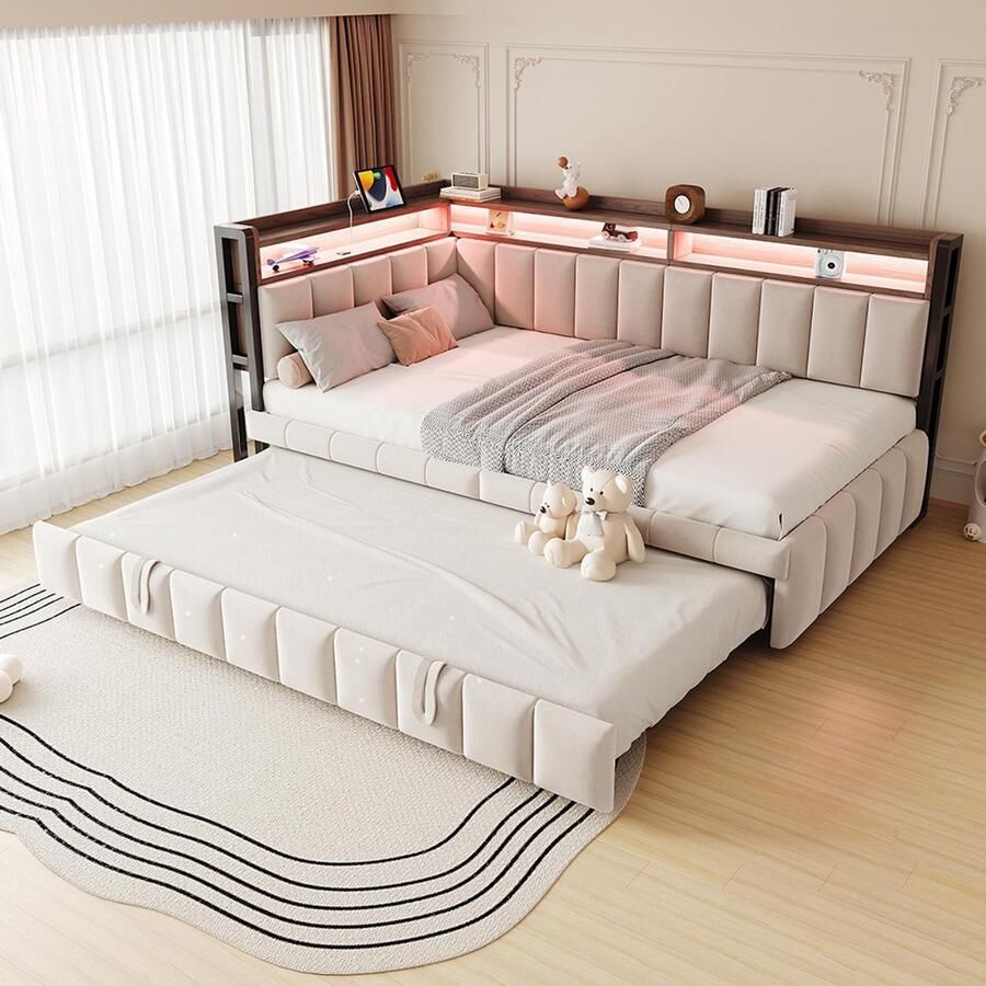 BLACKCOLORS Gestoffeerde slaapbank 90x200 cm Uitschuifbaar bed Voorzien van LED-verlichting Opbergvakken aan hoofd- en voeteneinde USB- en Type-C-poorten Eénpersoons Beige fluwelen bekleding