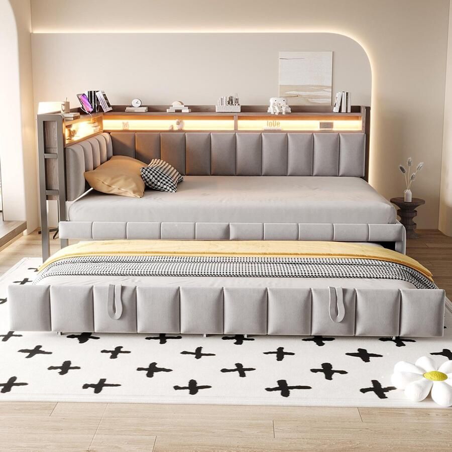 BLACKCOLORS Gestoffeerde slaapbank 90x200 cm Uitschuifbaar bed Voorzien van LED-verlichting Opbergvakken aan hoofd- en voeteneinde USB- en Type-C-poorten Eénpersoons Lichtgrijs fluwelen bekleding