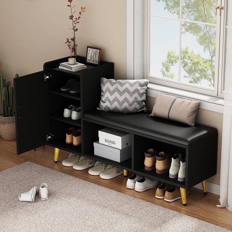 BLACKCOLORS Glanzend zwarte kastdeur met opbergruimte schoenenkast voor in de hal plank met meerdere niveaus en gestoffeerde zitting bank om schoenen te wisselen met kast gouden accessoires voor de hal gang woonkamer slaapkamer kleedkamer