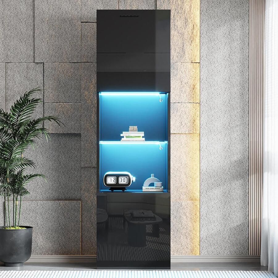 Pugsdrly Glanzend zwarte vitrinekast met LED-verlichting 1 glazen plank 45*35*160 cm vitrinekast op pootjes hoge kast opbergkast