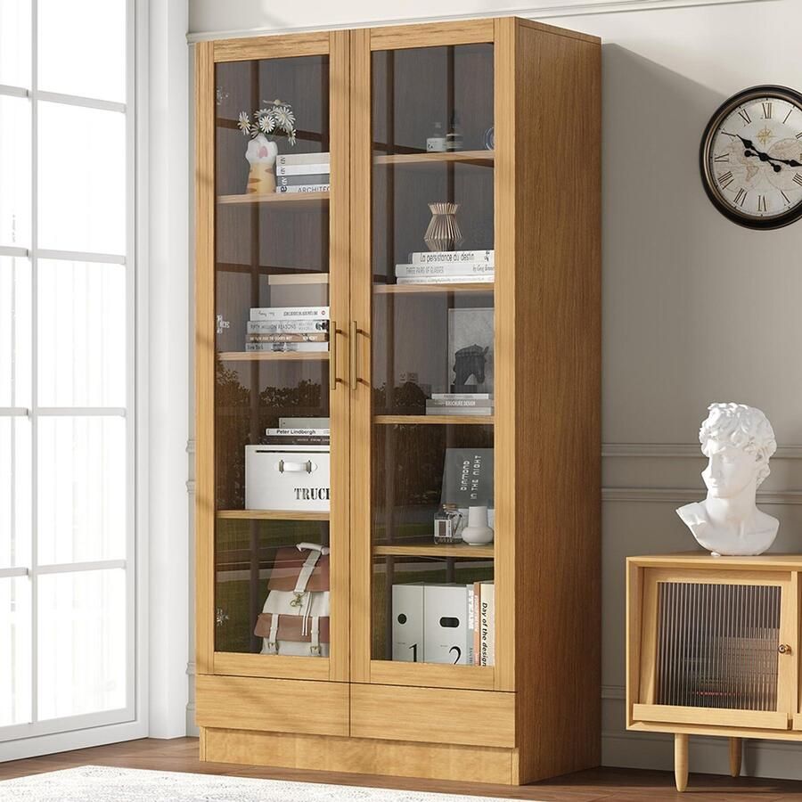 Pugsdrly Glazen vitrinekast (bureaukast boekenkast archiefkast opbergrek) – Niet-verstelbare verspringende planken handgrepenloze laden met druksluiting 80*40*160 cm houtkleur