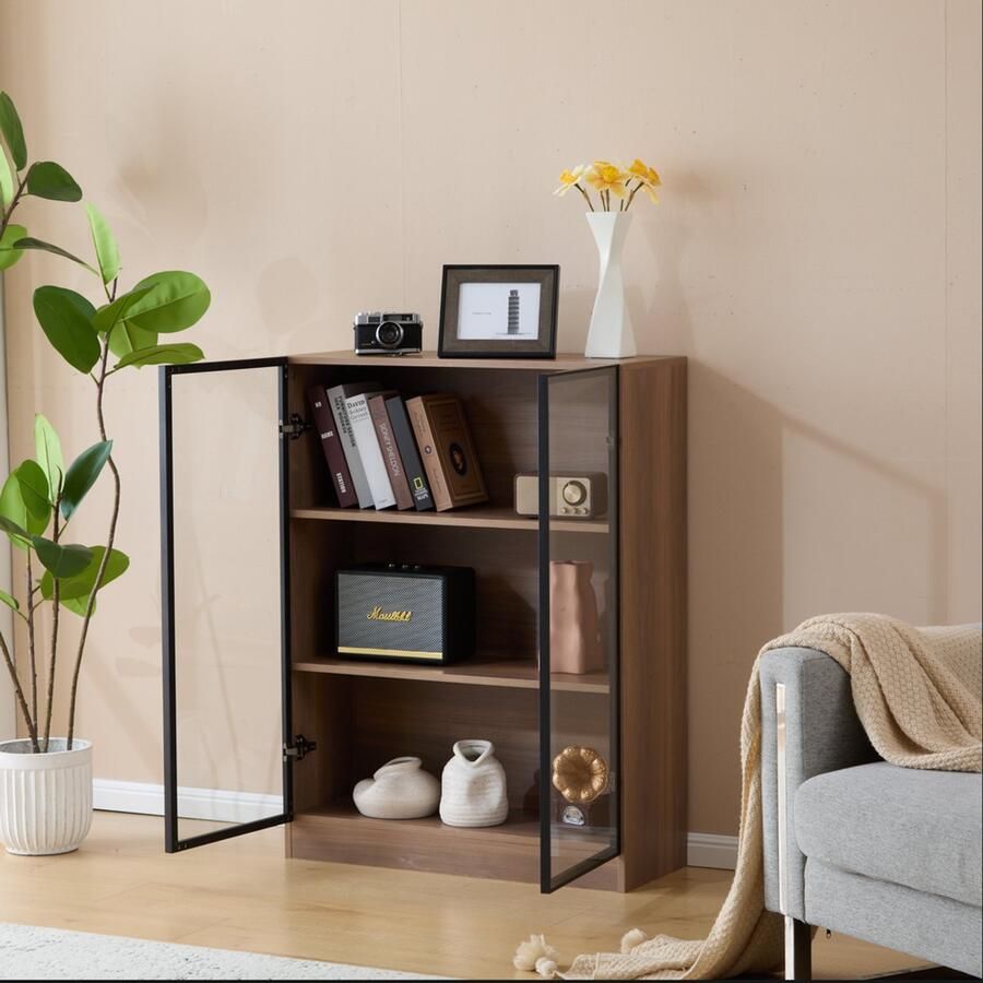 BLACKCOLORS Glazen vitrinekast met verlichting zwarte glazen vitrinekast zwarte vitrinekast voor verzamelingen multifunctionele vitrinekast op voet met 3 legplanken woonkamermeubel L32 H106 P80 cm