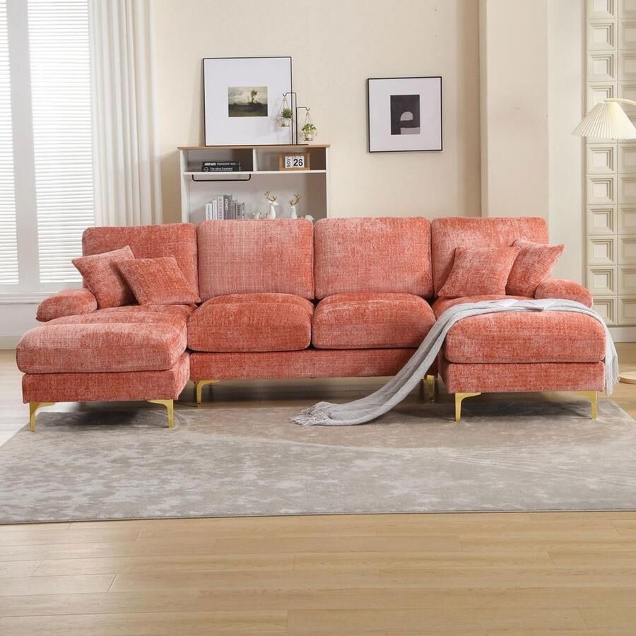 Pugsdrly Grand canapé d'angle moderne en chenille avec double assise convertible pour salon chambre bureau appartement villa salon à côté de la cheminée ROSE