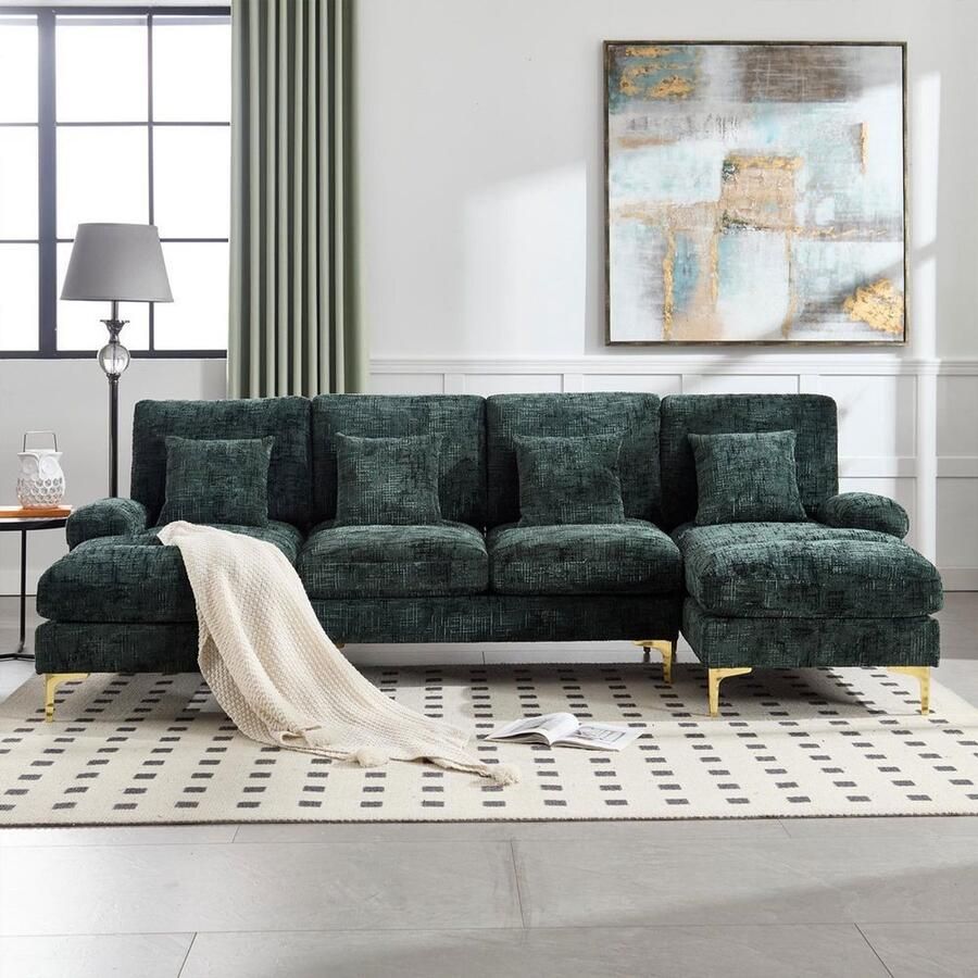 Pugsdrly Grand canapé d'angle moderne en chenille avec double assise convertible pour salon chambre bureau appartement villa salon à côté de la cheminée Émeraude