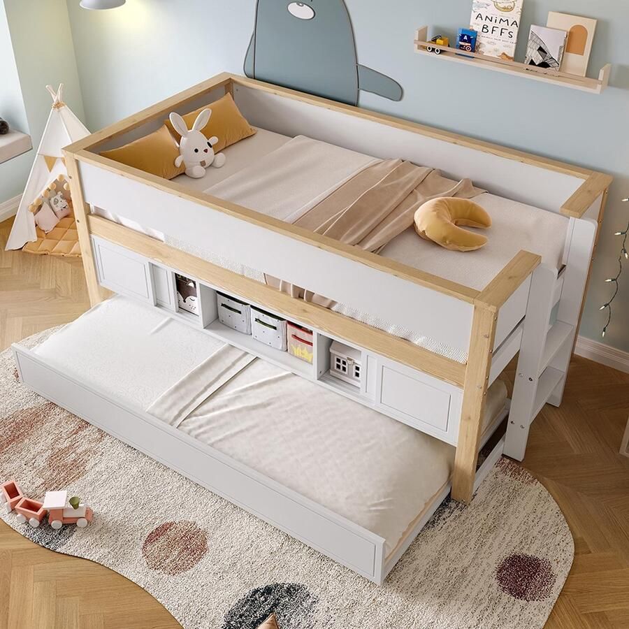 Pugsdrly Halfhoog bed 90 x 200 cm bed met uitschuifbed kinderbed stapelbed meerdere opbergvakken zonder matras wit + naturel