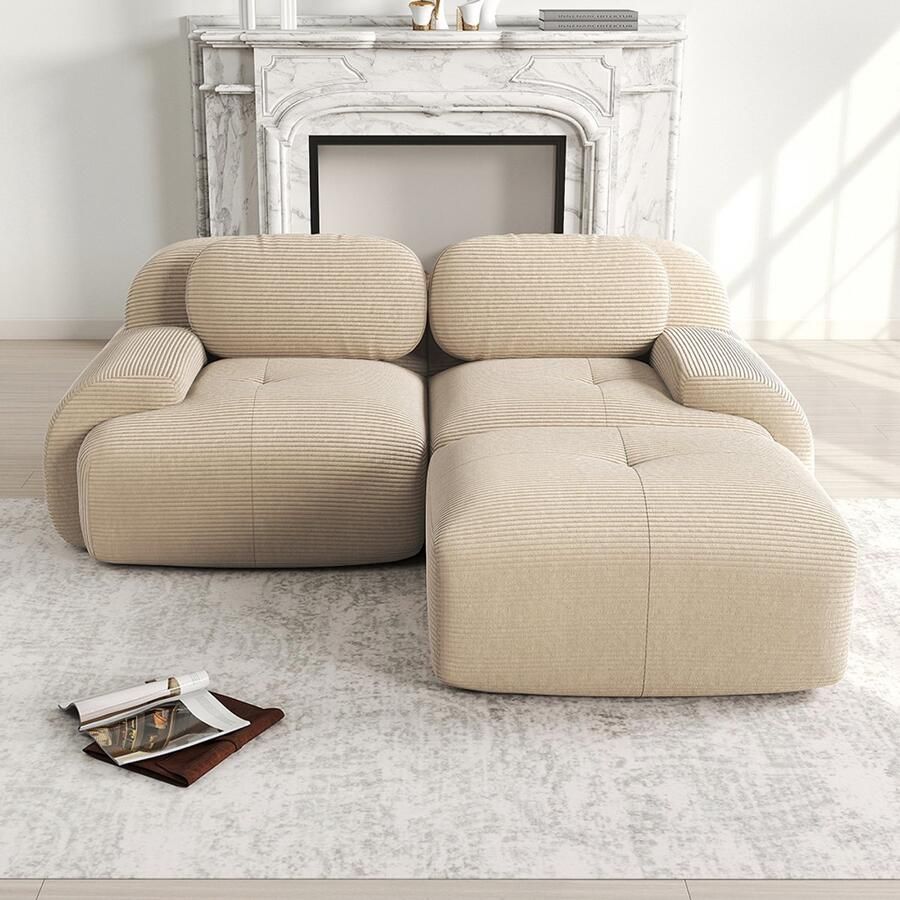 BLACKCOLORS Hoekbank 82'' van zacht corduroy modulair combineerbaar met gebogen armleuningen zonder montage hoogelastische schuimvulling voor de woonkamer ontspanningsruimtes en slaapkamer beige