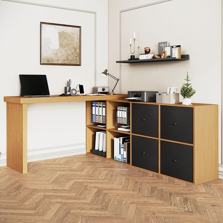 BLACKCOLORS Hoektafel 360° draaibaar tafelblad L-vormig of recht op te stellen MDF tafelblad en poten 4 cm verstevigd met 4 vakken 4 laden flexibel op te stellen bureau computertafel