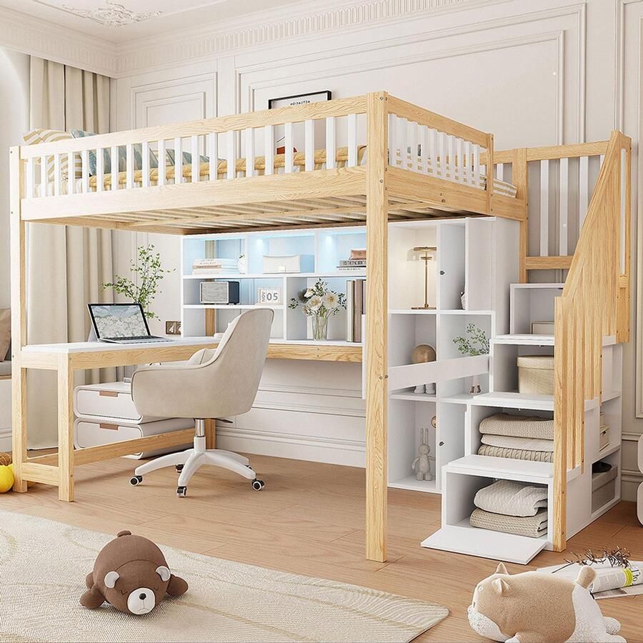 BLACKCOLORS Hoogslaper 140 x 200 cm met ledverlichting opbergladder planken opbergvakken bureau zonder matras wit + naturel