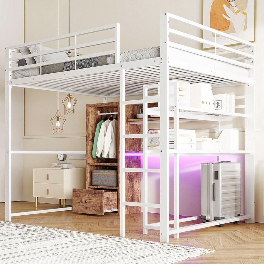 BLACKCOLORS Hoogslaper 140 x 200 cm metalen bed met ledlampen bureau 1 lade planken leuning trap zonder matras wit