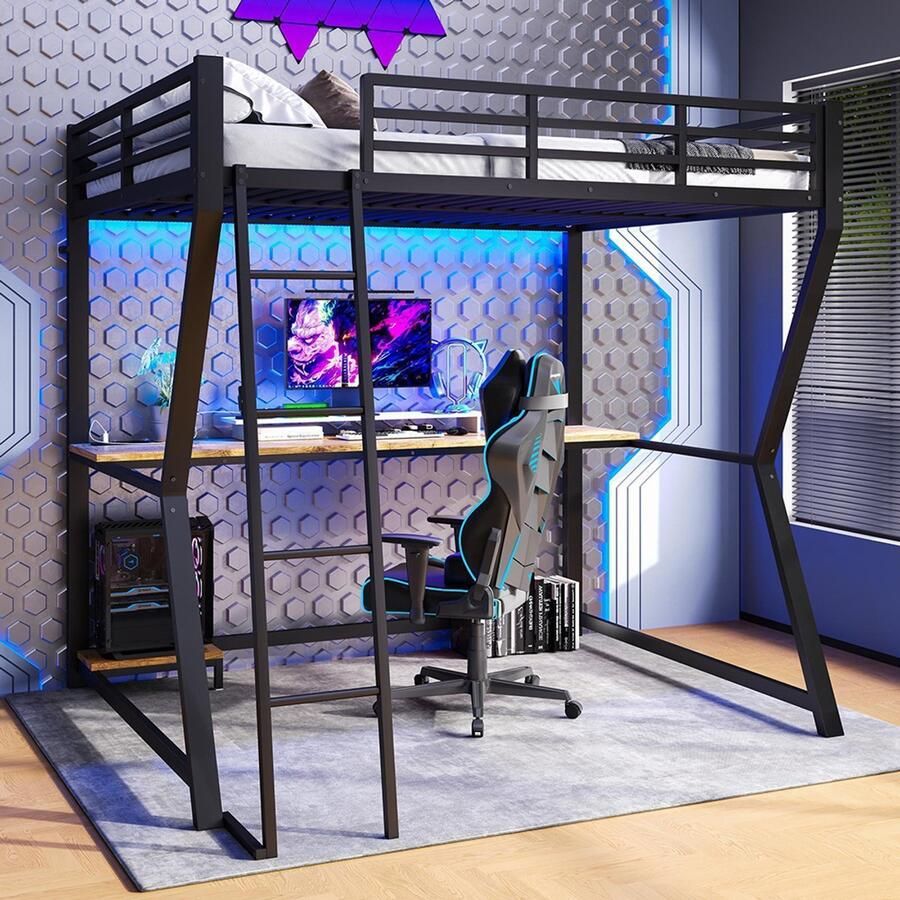 BLACKCOLORS Hoogslaper 140*200 cm met ledverlichting plank voor computerconsole bureau stopcontact + USB leuning trap zonder matras zwart