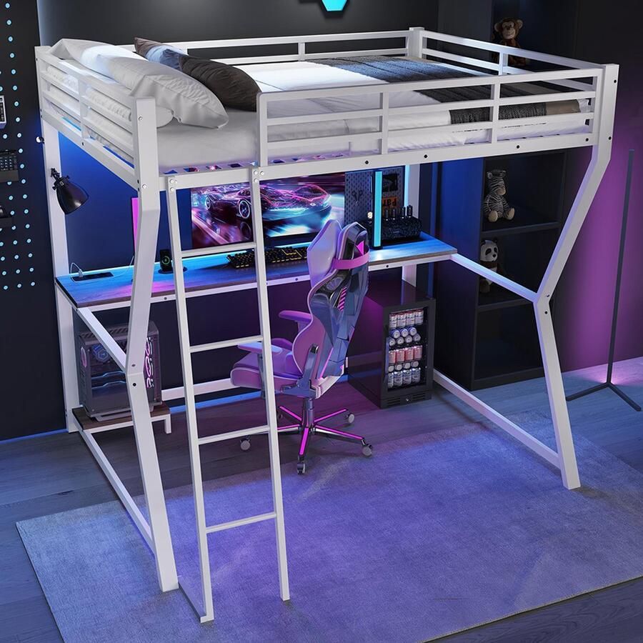 BLACKCOLORS Hoogslaper 140*200 cm met ledverlichting plank voor computerconsole bureau stopcontact + USB leuning trap zonder matras wit