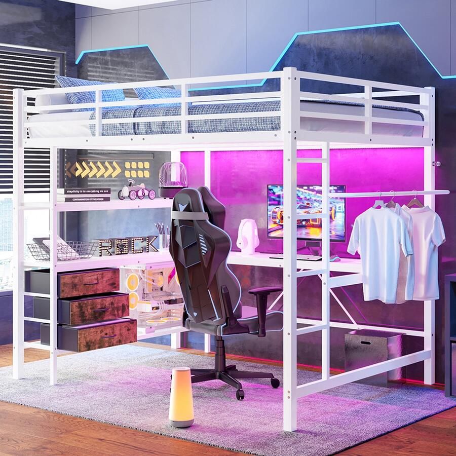 BLACKCOLORS Hoogslaper 140x200cm sfeerverlichting met afstandsbediening bureau stopcontact + USB 3 lades planken trapleuning zonder matras wit