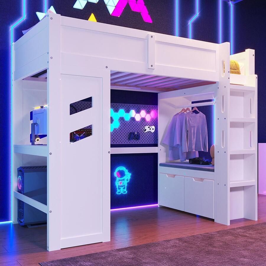 Pugsdrly Hoogslaper 90 x 200 cm gamingbed met bureau uitgerust met ledverlichting 1 USB-poort 1 Type-C-poort ladder bureau lade wasrek zonder matras wit