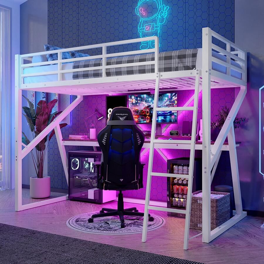 BLACKCOLORS Hoogslaper 90 x 200 cm ijzeren frame ledstrip veiligheidshekje ladder bureau zonder matras wit