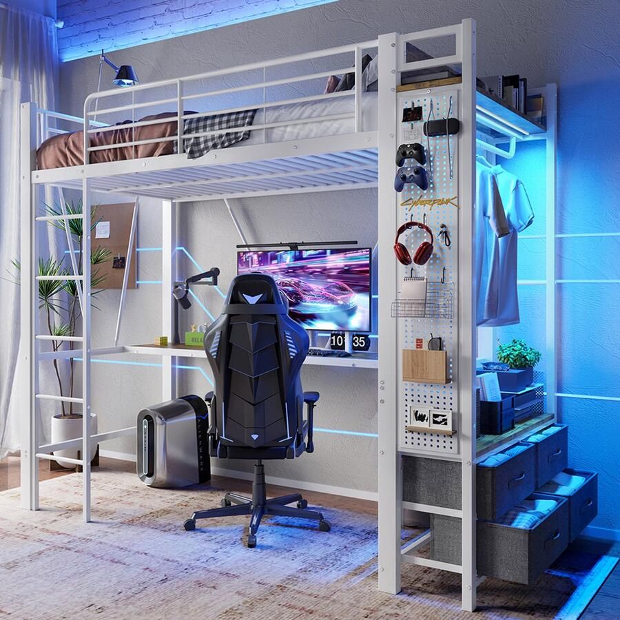 Pugsdrly Hoogslaper 90 x 200 cm ijzeren frame Met bureau met droogrek met planken 4 lades met USB-aansluiting + TYPE-C ledstrip reling ladder met plank met gaten zonder matras wit