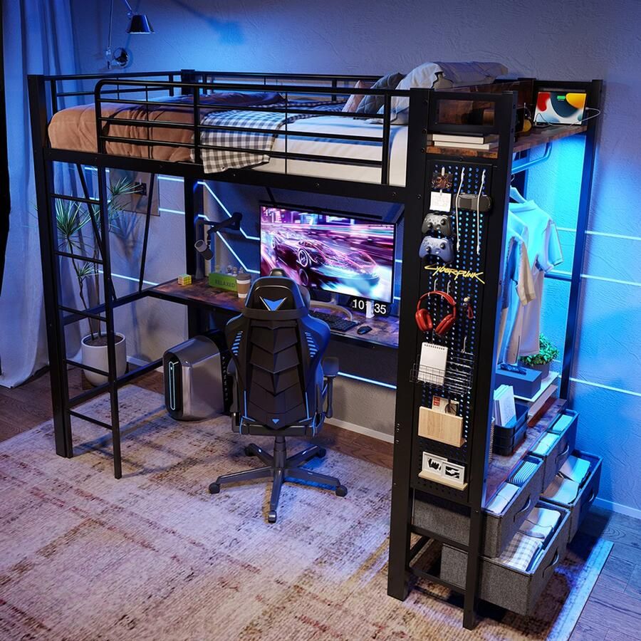 BLACKCOLORS Hoogslaper 90 x 200 cm ijzeren frame met bureau met droogrek met planken 4 lades met USB-aansluiting + TYPE-C ledstrip reling ladder met plank met gaten zonder matras zwart