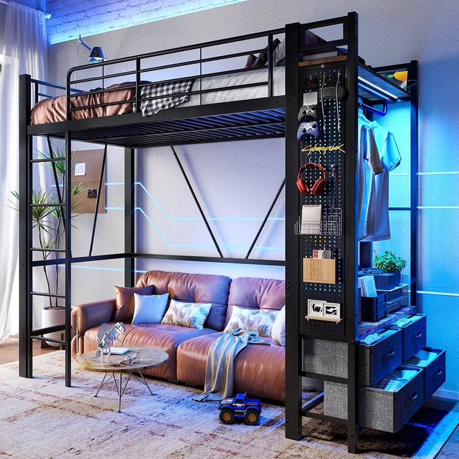 Pugsdrly Hoogslaper 90 x 200 cm ijzeren frame met droogrek met planken 4 lades met USB+TYPE-C-aansluiting ledstrip reling ladder met plank met gaten zonder matras zwart