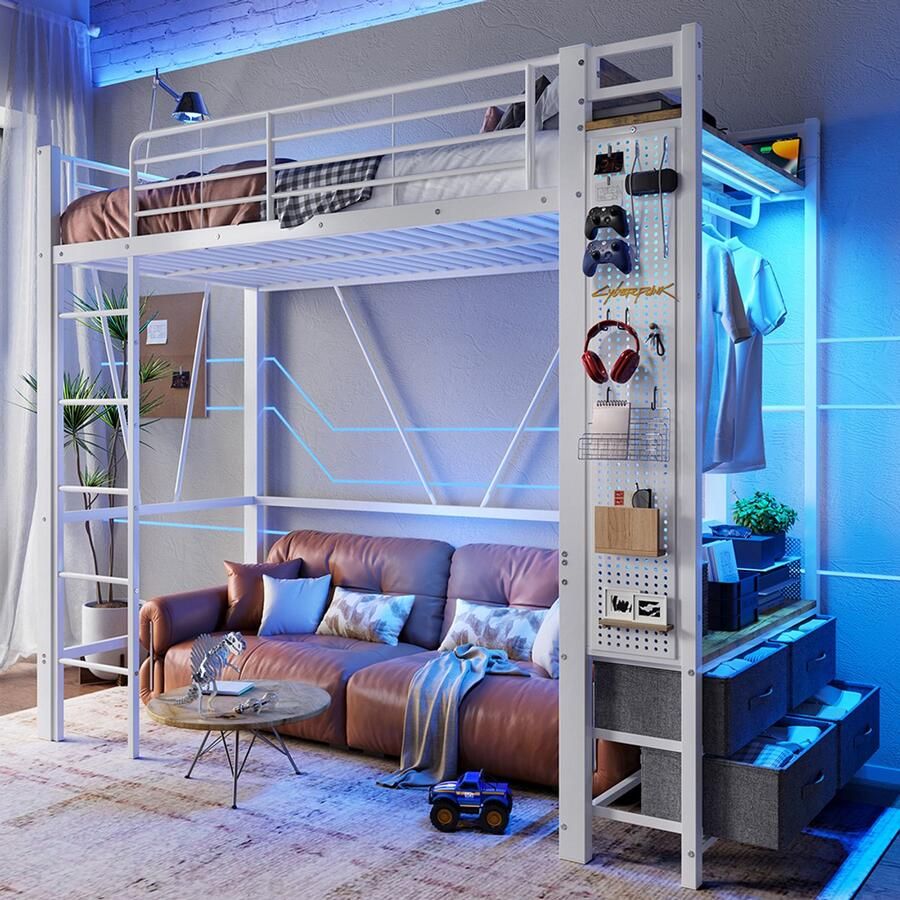 Pugsdrly Hoogslaper 90 x 200 cm ijzeren frame met droogrek met planken 4 lades met USB+TYPE-C-aansluiting ledstrip reling ladder met plank met gaten zonder matras wit