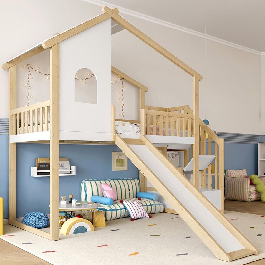 BLACKCOLORS Hoogslaper 90 x 200 cm veiligheidshekken opbergladder raam glijbaan sierlijst naturel + wit