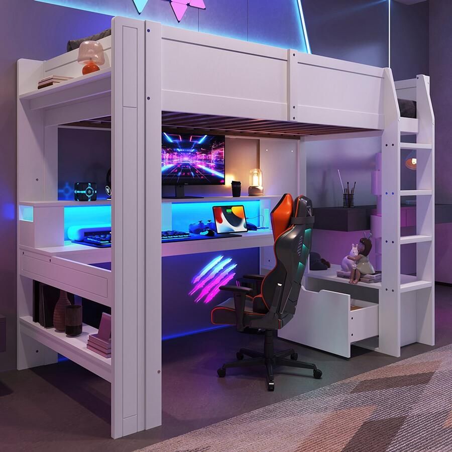 BLACKCOLORS Hoogslaper 90*200 cm gamingbed met bureau met ledlampjes bureau lade planken zonder matras wit