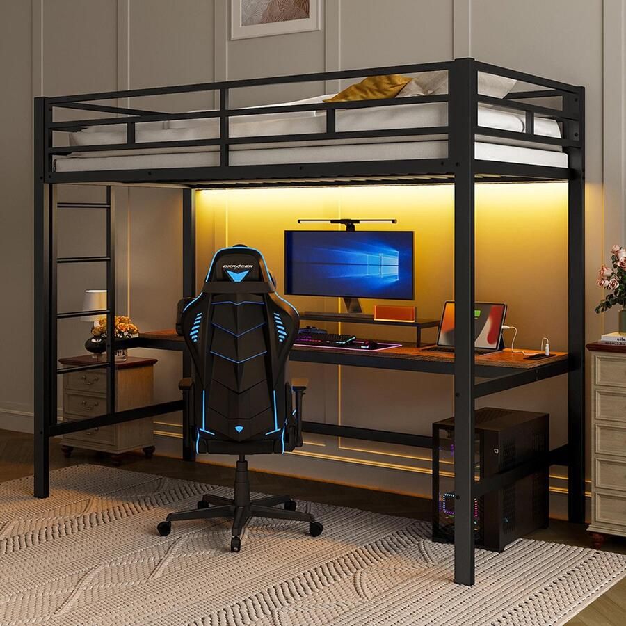 BLACKCOLORS Hoogslaper 90*200 cm leuning trapje tafel met USB en stopcontact Wire Control-lichtstrip sfeerverlichting met afstandsbediening compatibel met apps voldoet aan de norm EN747 zonder matras metaal zwart