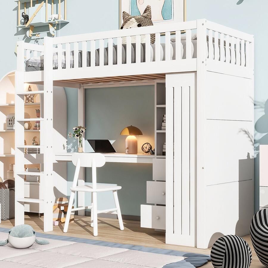 KOMHTOM Mezzaninebed Kinderbed 90x200 cm met Bureau Kast 3 lades Open opbergruimte Veiligheidshek Trap Wit