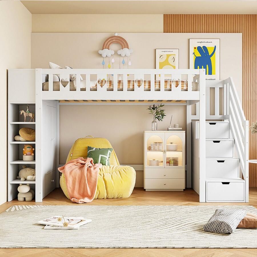 BLACKCOLORS Hoogslaper 90x200cm opbergladder planken opbergkast opvouwbaar vrije ruimte onder het bed voor bekleding hartvormige balustrade zonder matras wit