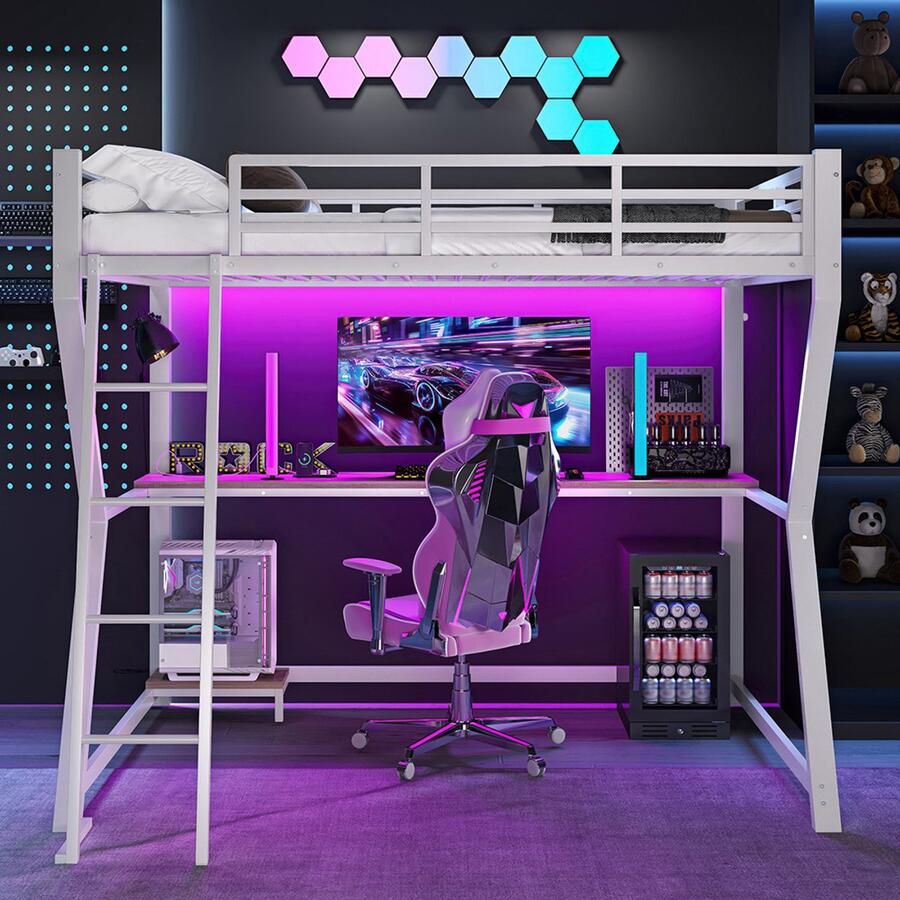 BLACKCOLORS Hoogslaper 90x200cm sfeerverlichting met afstandsbediening plank voor computerconsole bureau stopcontact + USB trapleuning zonder matras wit