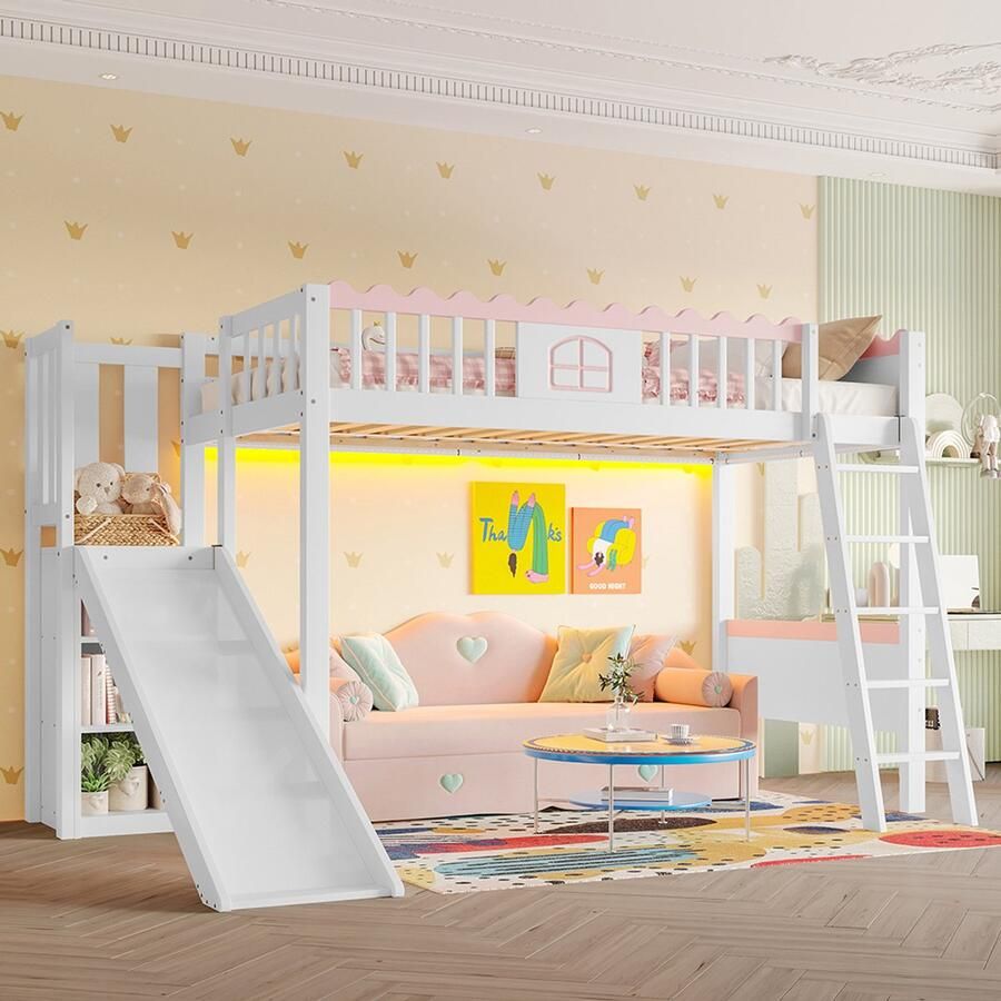 BLACKCOLORS Hoogslaper eenpersoonsbed (zonder matras) kinderbed met ledlampjes met planken met glijbaan EN747-gecertificeerd grenenhout 90 x 200 cm wit