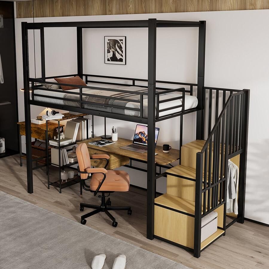 BLACKCOLORS Hoogslaper ijzeren bed ijzer + MDF trap met kledingrek en opbergvakken acrylraam met magneten vrije indeling van de onderverdieping zwart + naturel