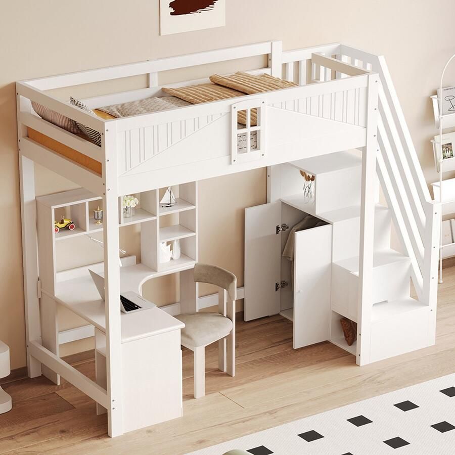 Pugsdrly Hoogslaper van massief hout 90 x 200 cm enkele veiligheidsdeur met raam veiligheidsladder links en rechts verwisselbaar multifunctioneel bed wit