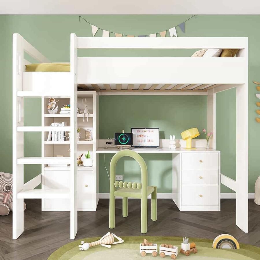 Pugsdrly Hoogslaper voor kinderen met USB-C-bureau kast en archiefkast eenpersoonsbed voor tieners met trap en lattenbodem opbergruimte 90 × 200 zonder matras