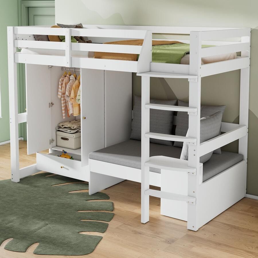 BLACKCOLORS Hoogslaper voor kinderen multifunctioneel kinderbed met ladder met kledingkast bank met opbergruimte drie kussens en opleggers met opbergplank zonder matras massief hout wit 90 x 200