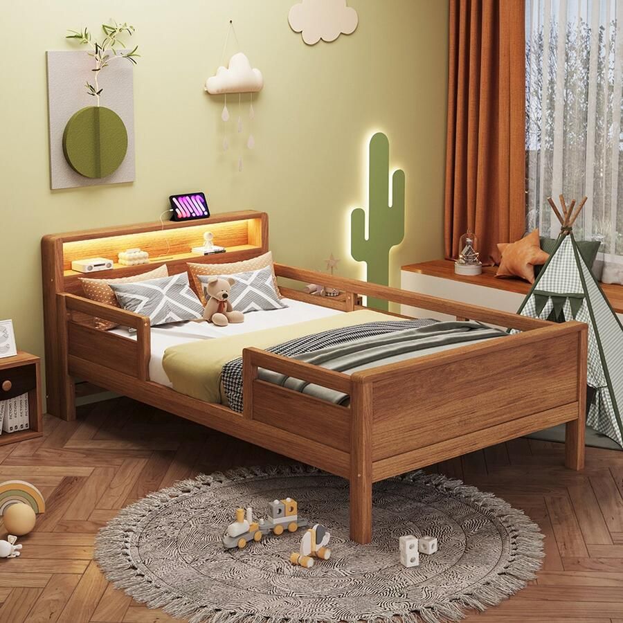 Pugsdrly Houten bed 90 x 200 cm gecombineerd USB- en C-tape-aansluiting kleine LED-lamp hoofdeinde met opbergfunctie kinderbed eenpersoonsbed multifunctioneel bed grenenhout houtkleur