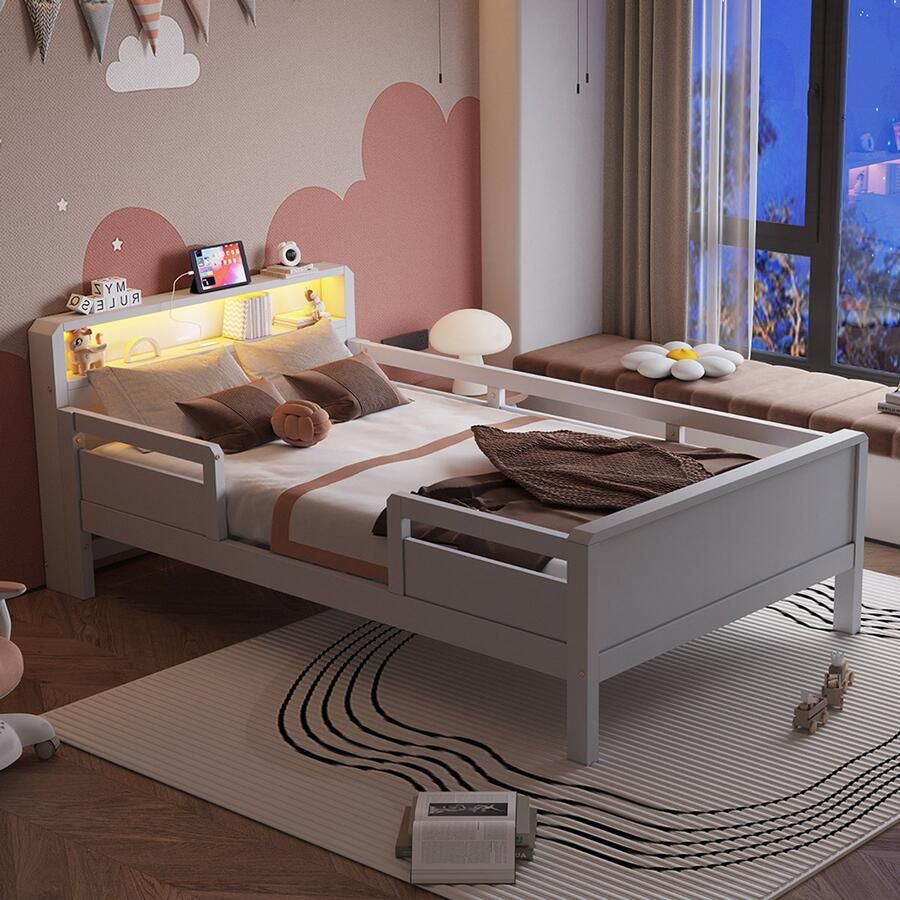 Pugsdrly Houten bed 90 x 200 cm gecombineerde USB- en C-tape-aansluiting kleine LED-lamp hoofdeinde met opbergfunctie kinderbed eenpersoonsbed multifunctioneel bed grenenhout wit