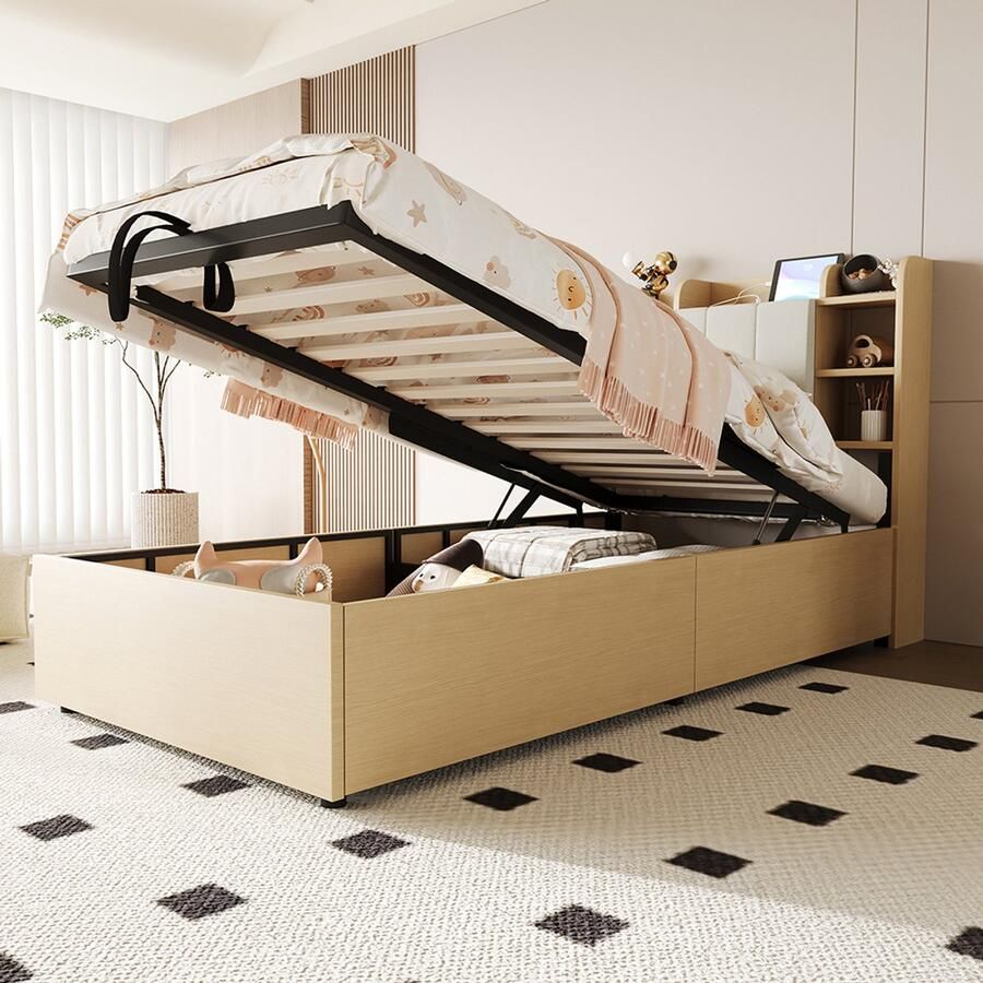 BLACKCOLORS Houten bed 90 x 200 cm hydraulisch bed hoofdeinde met opbergruimte voorzien van een USB-aansluiting en een C-Tape-aansluiting eenpersoonsbed tienerbed houtkleur (zonder matras)