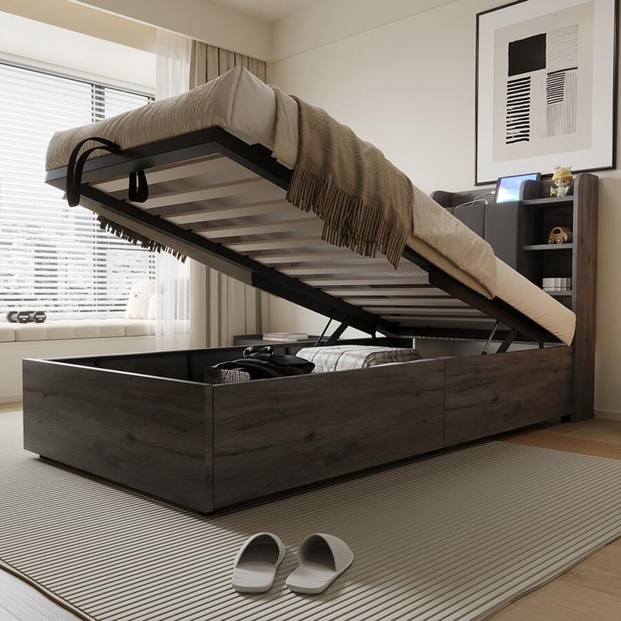 BLACKCOLORS Houten bed 90 x 200 cm hydraulisch bed hoofdeinde met opbergruimte voorzien van een USB-aansluiting en een C-aansluiting eenpersoonsbed tienerbed grijs (zonder matras)