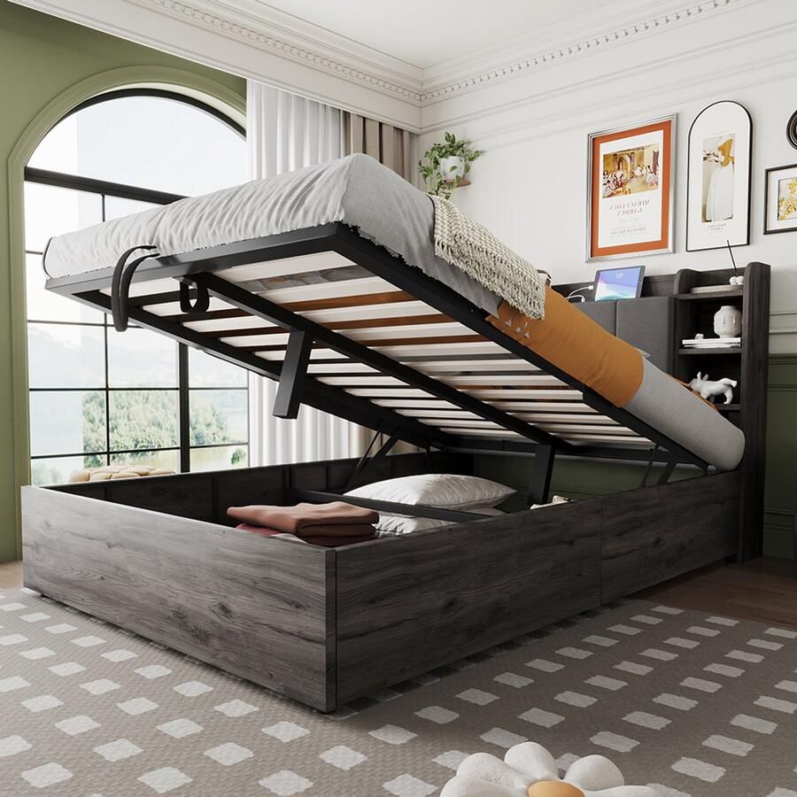 BLACKCOLORS Houten bed afmetingen 140 x 200 cm hydraulisch bed hoofdeinde met opbergruimte voorzien van een USB-aansluiting en een C-Tape-aansluiting tweepersoonsbed eenpersoonsbed grijs (zonder matras)