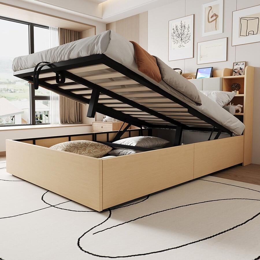 BLACKCOLORS Houten bed afmetingen 140 x 200 cm hydraulisch bed hoofdeinde met opbergruimte voorzien van een USB-aansluiting en een C-aansluiting voor een cassette tweepersoonsbed eenpersoonsbed houtkleur (zonder matras)