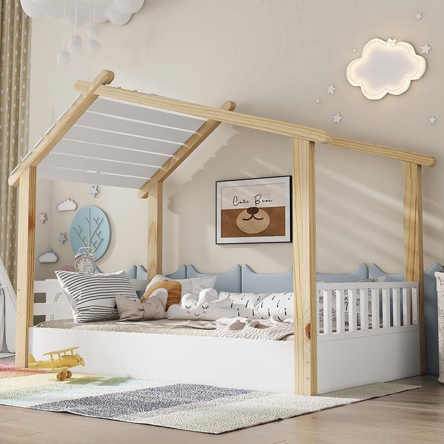 BLACKCOLORS Houten bedden babybed eenpersoonsbed verfijnd ontwerp in hout stabiele lattenbodems sober ontwerp grenen + spaanplaat + MDF wit + naturel 90 x 190 cm