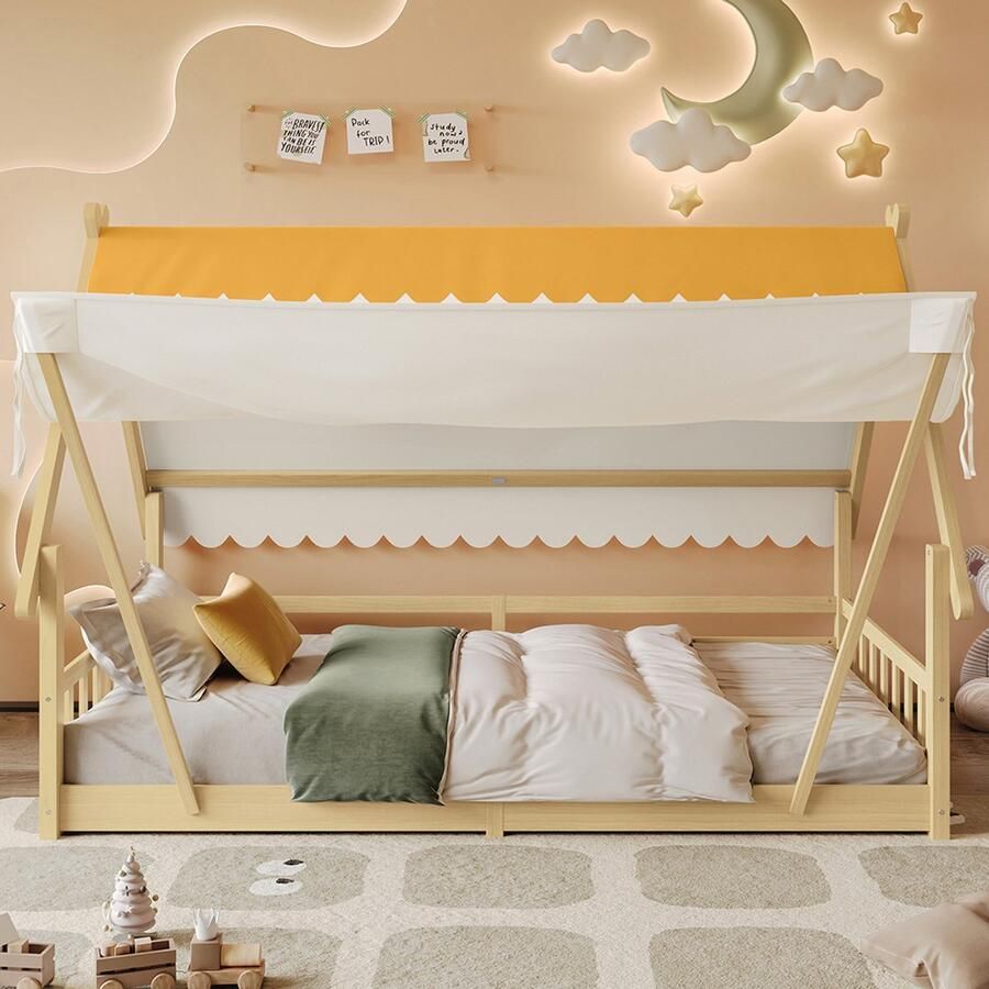 BLACKCOLORS Houten bedden kinderbed eenpersoonsbed verfijnd ontwerp in hout afneembare tent stabiele lattenbodems met veiligheidshekje grenen + multiplex naturel 90 x 190 cm