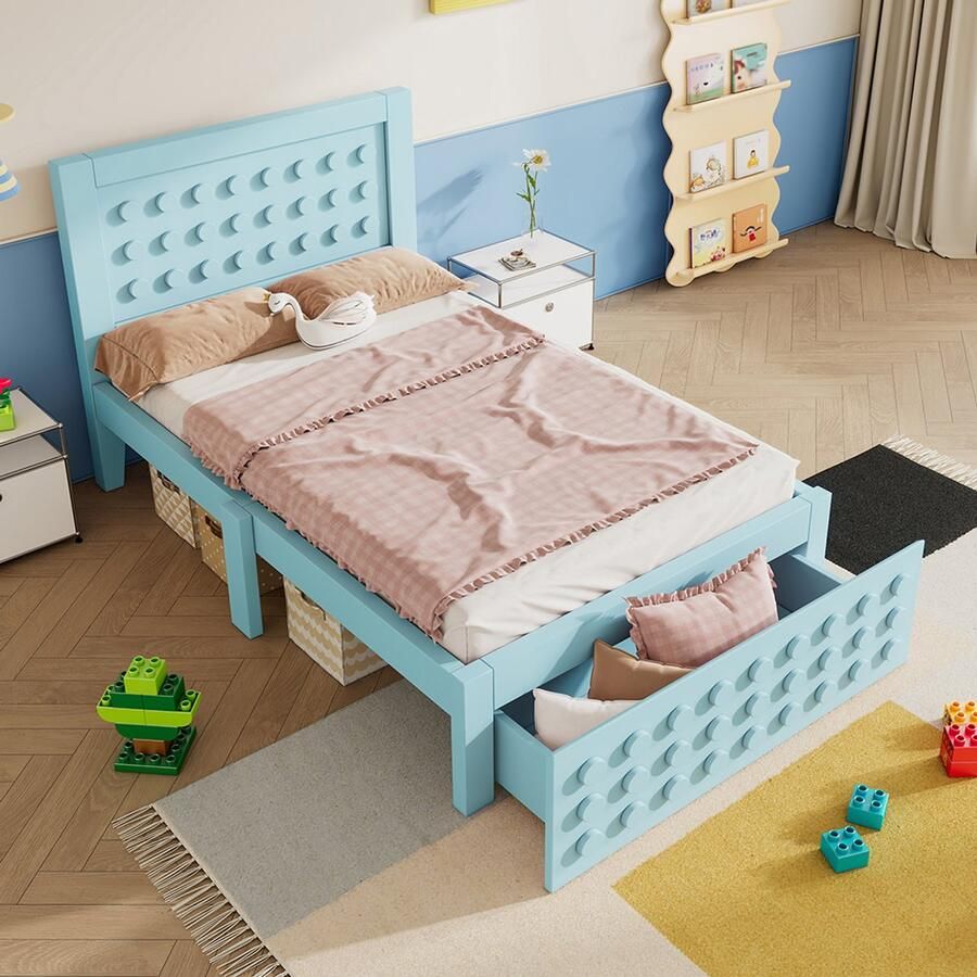 Komhtom Houten eenpersoonsbed 90x200 cm kinder- tienerbed met creatief blokkenontwerp massief houten frame met lattenbodem lades en opbergruimte onder het bed zonder matras