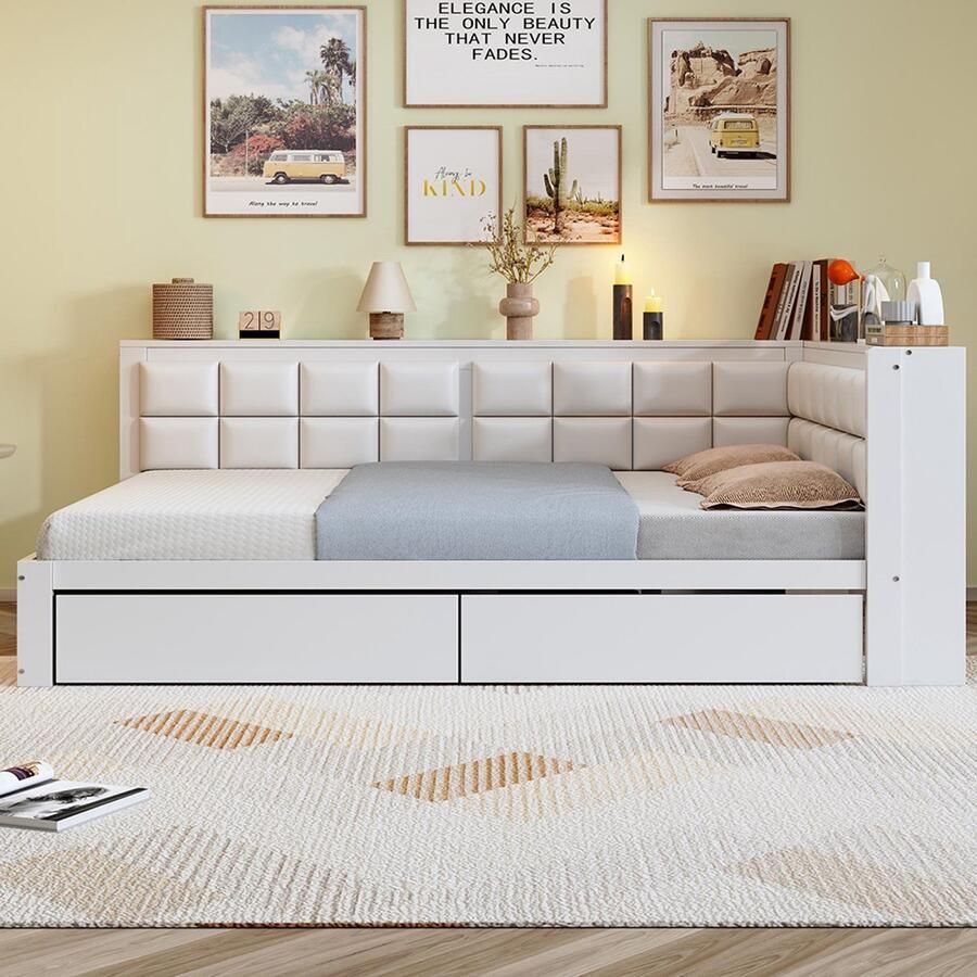 BLACKCOLORS Houten slaapbank 140x200 cm Van grenenhout Met zachte rugleuning Grote opbergla Eénpersoons Wit