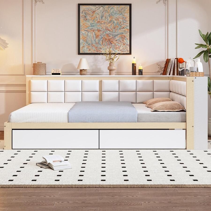 BLACKCOLORS Houten slaapbank 140x200 cm Van grenenhout Met zachte rugleuning Grote opbergla Eénpersoons Houtkleurig