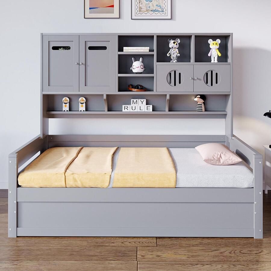 BLACKCOLORS Houten slaapbank 90x200 cm Hydraulisch opklapbaar Multifunctionele opbergruimte Lattenbodem Eénpersoons Geschikt voor tieners Grijs Zonder matras